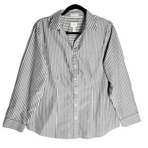 Chicos Women's No-Iron Blouse Large Gray White Stripe Button Cotton Long Sleeve